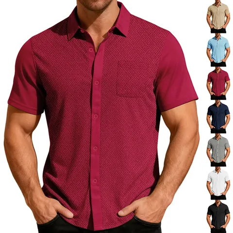 Heren Casual Overhemd Korte Mouwen Jacquard Wafelstructuur Ademend Revers Knopen Polyester Elastaan Zomer Top