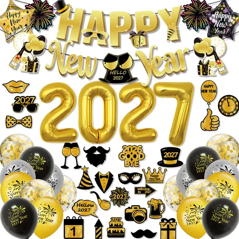 2026 Happy New Year Party Dekoration Luftballons Banner Fotorequisiten Schwarz Gold Aluminiumfolie Latex Feier
