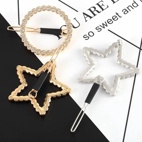 Fashion Rhinestone Geometric Hair Clip Gold Silver Alloy Star Round Oval Flower Shape Metal Hairpin Party Women Jewelry