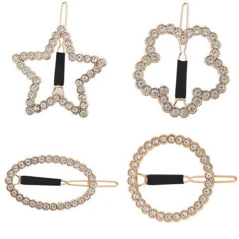 Fashion Rhinestone Geometric Hair Clip Gold Silver Alloy Star Round Oval Flower Shape Metal Hairpin Party Women Jewelry