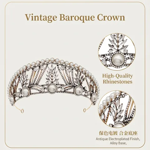 Tiara a Corona da Sposa in Oro Barocco Vintage per Donna Orecchini di Lusso con Künstliche Perle e Strass Copricapo da Sposa Gioielli