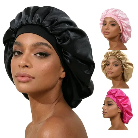 Large Satin Sleep Bonnet For Women Wide Elastic Band Hair Care Cap Night Sleeping Hat For Long Curly Hair Multi Colors