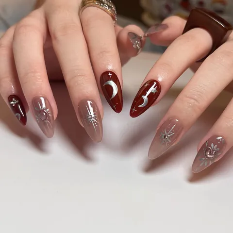 Press On Nails Long Almond Shape Wine Red Purple Grey Celestial Star Moon Patterns Glitter Rhinestone Decor For Women