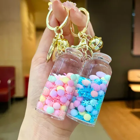Glow In The Dark Drift Bottle Liquid Quicksand Keychain Pendant With Bell Sequin Flowers Bag Charm For Schoolbag Kids Gift