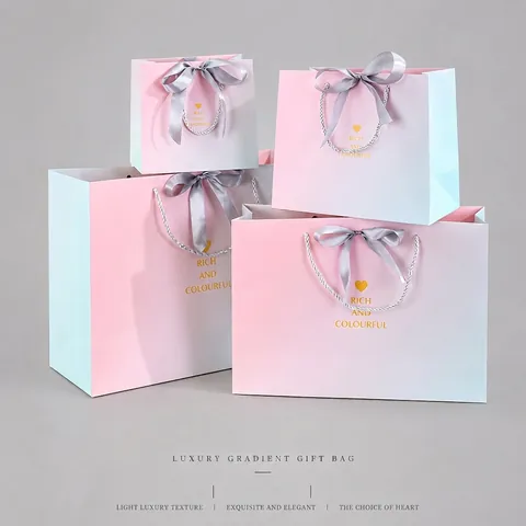 Gradient Pink Blue Marble Gift Bag Cardboard Paper Handheld Ribbon Bow For Wedding Party Birthday Packaging Festive