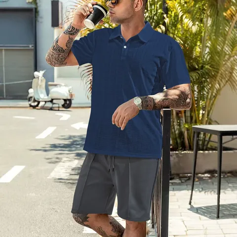 Herren Polo Shirt Waffelstruktur Atmungsaktiv Kurzarm Lässig Einfarbig Reverskragen