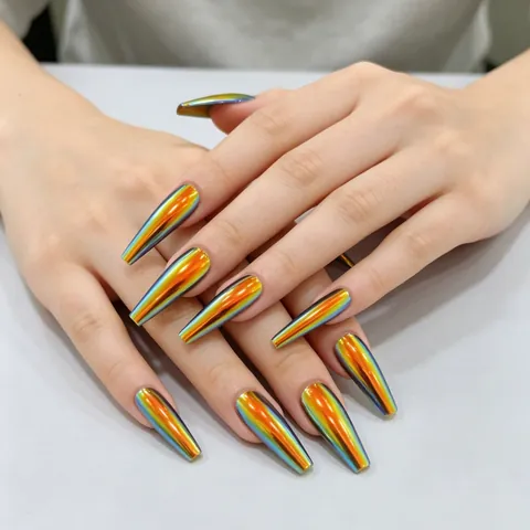 Long Coffin Press On Nails Electroplating Aurora Chrome Holographic Metallic Laser Gradient Glossy Fashionable For Women