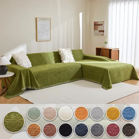 Funda de Sofá Minimalista de Chenilla Con Borde de Borlas Color Sólido Cobertura Total Lavable Manta de Sofá