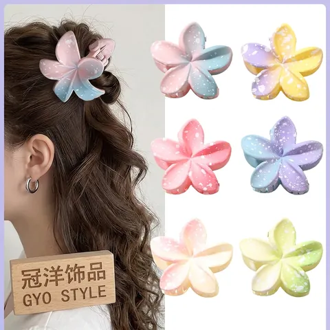 Matte Blumen Haarklammer Farbverlauf Macaron Frangipani Haarschmuck Botanischer Tintenspritzer Stil Damen Urlaub Alltag