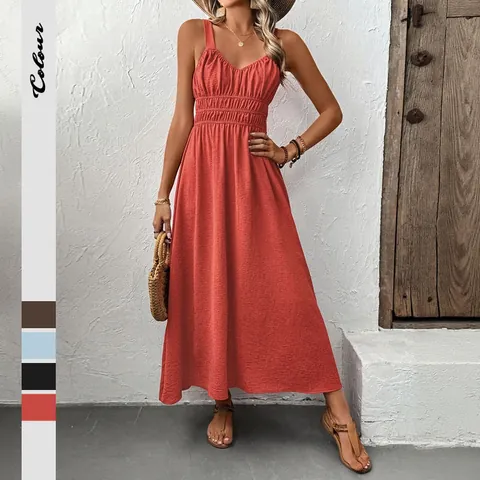 Women V Neck Sleeveless Smocked Waist Maxi Dress Summer Textured Solid Color Bohemian Holiday Casual Long Sun Dress