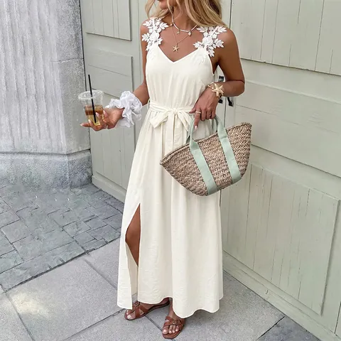 Damen Sommer Blumen Spitze Cami Maxi Kleid V-Ausschnitt Schlitz Taillenbindung Viskose Polyamid Elegant Urlaub Langes Kleid