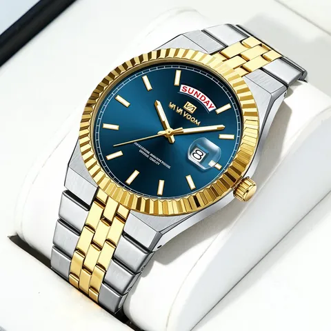 Men's Fashion Business Watch Waterproof Luminous Dual Calendar Date Week Display Stainless Steel Strap Quartz Wristwatch