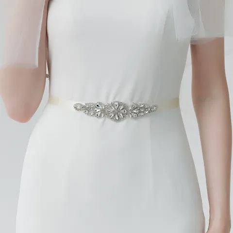 Luxus Brautgürtel Mit Strass Blumen Blatt Muster Off-White Satin Schärpe Für Hochzeitskleid Bankett Kleid Für Damen