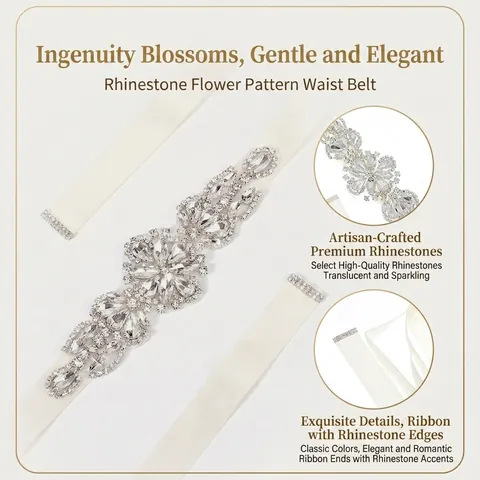 Luxus Brautgürtel Mit Strass Blumen Blatt Muster Off-White Satin Schärpe Für Hochzeitskleid Bankett Kleid Für Damen