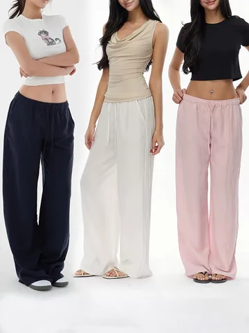 Women Wide Leg Pants High Waist Elastic Drawstring Straight Leg Loose Fit Casual Slimming Textured Polyester Trousers