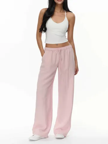 Women Wide Leg Pants High Waist Elastic Drawstring Straight Leg Loose Fit Casual Slimming Textured Polyester Trousers