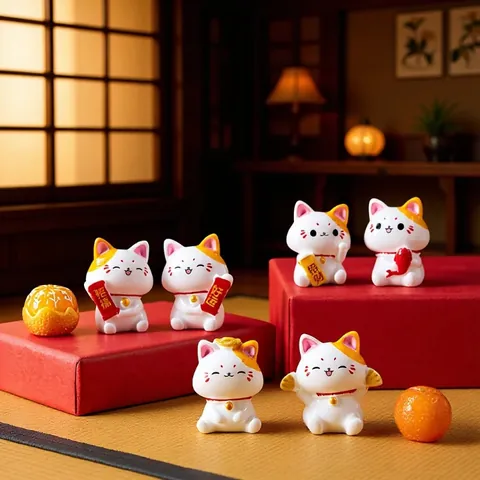 Mini Lucky Cat Figurine Resin Maneki Neko Miniature Desktop Ornament Feng Shui Fortune Car Dashboard Decor Cartoon Style