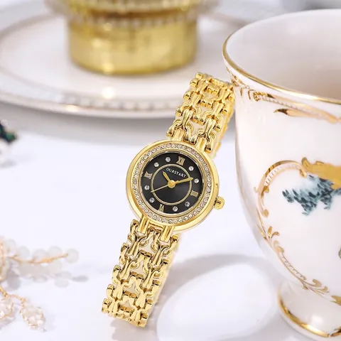 Reloj de Cuarzo Elegante para Mujer Con Bisel de Strass Correa de Cadena Tejida Esfera de Nácar Reloj de Pulsera Estilo Vintage