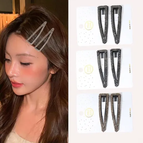 Fashion Handmade Rhinestone Hair Clip Set For Women Sparkly Waterdrop Rectangular Geometric Snap Clip Daily Party Hair Accessories