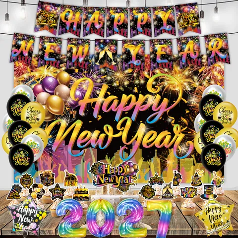 Set Decorazioni per Feste di Capodanno Con Sfondo di Fuochi d'Artificio Palloncini in Lattice Banner Topper per Torte per Celebrazione di Fine Anno