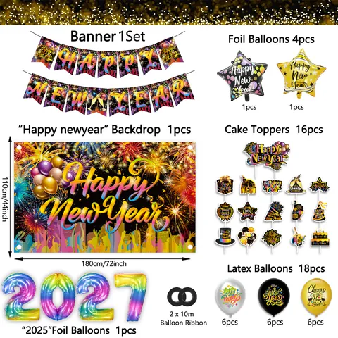 Set Decorazioni per Feste di Capodanno Con Sfondo di Fuochi d'Artificio Palloncini in Lattice Banner Topper per Torte per Celebrazione di Fine Anno