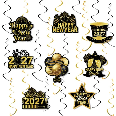 Decorazioni Appese A Spirale Felice Anno Nuovo 2026 Nero Oro Cartone Ornamenti Da Soffitto Per Festa Celebrazione
