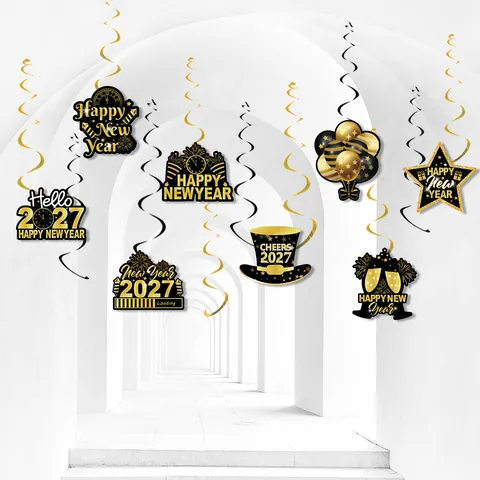 Decorazioni Appese A Spirale Felice Anno Nuovo 2026 Nero Oro Cartone Ornamenti Da Soffitto Per Festa Celebrazione