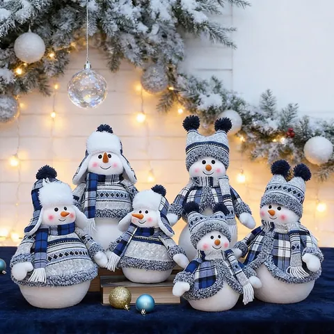 Christmas Snowman Plush Doll Knitted Fabric Holiday Ornament Winter Home Desktop Decoration Mediterranean Blue White Grey