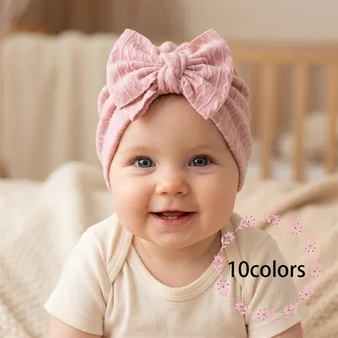 Baby Turban Mütze Mit Großer Schleife Weich Dehnbar Jacquard Gestrickt Kopfbedeckung Für Neugeborene Kleinkinder Haar Zubehör