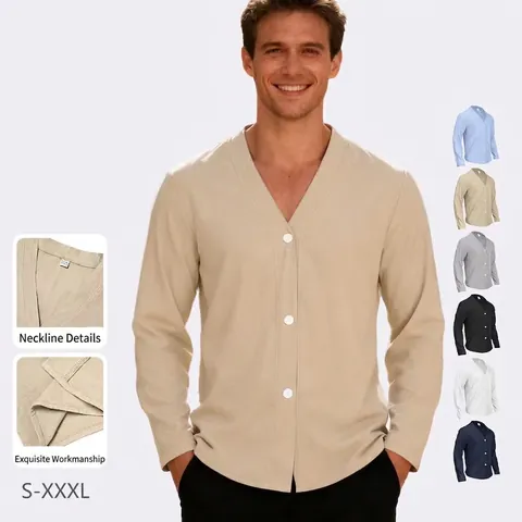 Cárdigan De Punto Para Hombre Cuello En V Con Botones Manga Larga Ajustado Mezcla De Lino Camisa Casual