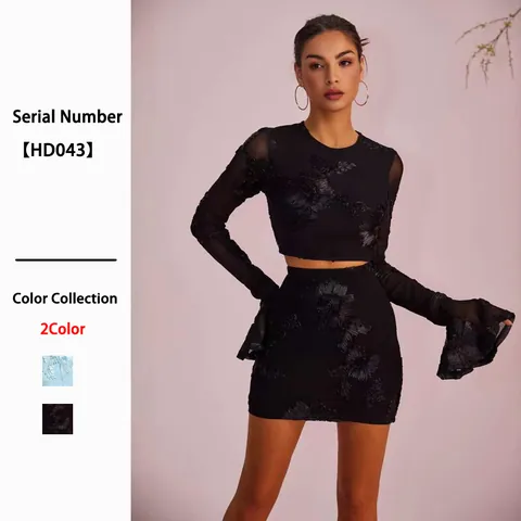 Completi Top Corto E Minigonna Da Donna Maniche Lunghe In Mesh Schiena Scoperta Ricamo Floreale 3D Sexy Party Clubwear Elegante