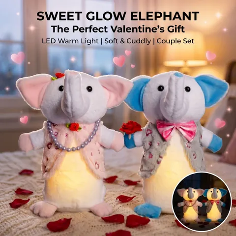 LED Glowing Plush Elephant Toy Valentine's Day Gift Heart Rose Decor Soft Stuffed Animal Doll For Girls Boys Bedroom Ornament