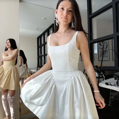 Women's Sleeveless Square Neck Cotton Mini Dress Solid Color Large Bow Backless Tie Back Flared Pleated Party Dress