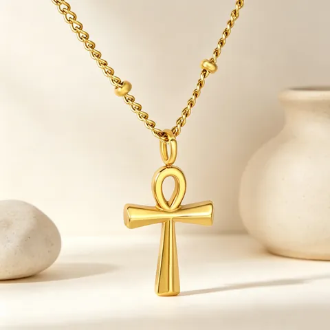 Collana Con Pendente Croce Ankh Acciaio Inossidabile Placcato Oro Catena Satellite Con Perline Stile Egiziano Gioielli Minimalisti Donna