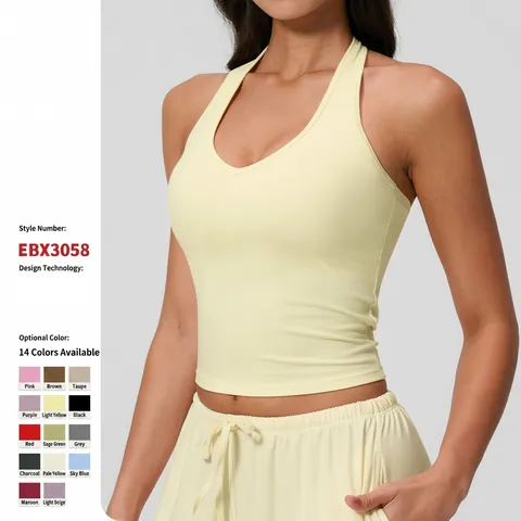 Women Halter Neck Yoga Vest V-Neck Tight Sports Bra Backless Fitness Tank Top With Removable Pads Brushed Activewear