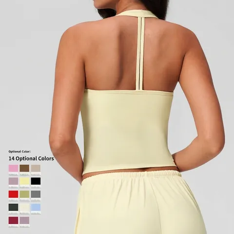 Women Halter Neck Yoga Vest V-Neck Tight Sports Bra Backless Fitness Tank Top With Removable Pads Brushed Activewear