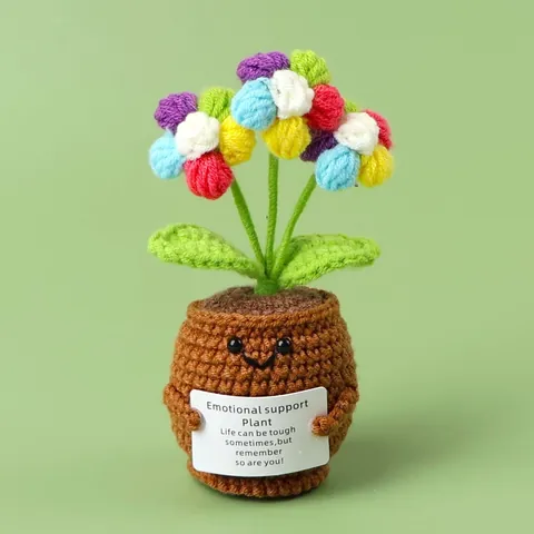 Handmade Crochet Potted Flower With Emotional Support Card Cute Smiley Face Desktop Decor Gift For Teacher Student