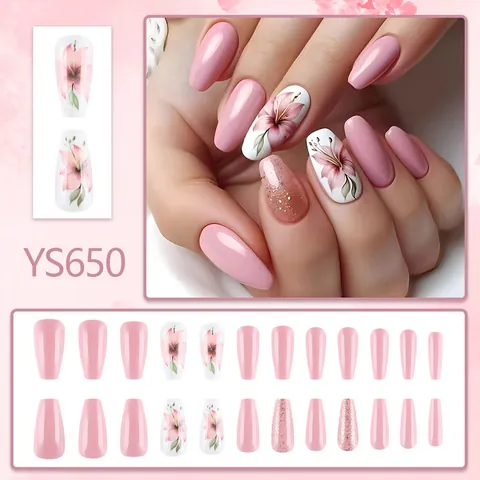 Unghie a Pressione Rosa Bianco Giglio Floreale Forma a Bara Medio Lucido Unghie Finte Oro Brillantini Bellezza Donna