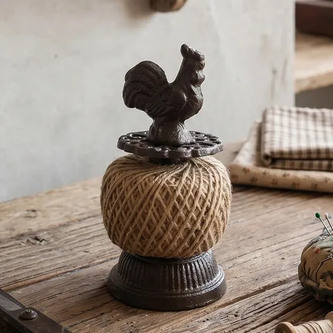 Vintage Cast Iron Rooster Twine Holder With Natural Jute String Ball Rustic Farmhouse Desktop Decor Crafts Organizer