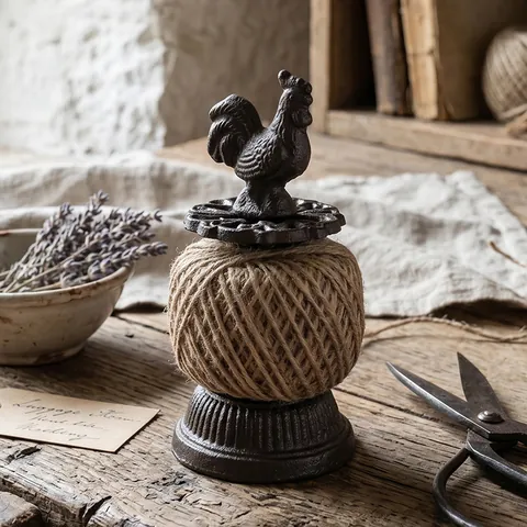 Vintage Cast Iron Rooster Twine Holder With Natural Jute String Ball Rustic Farmhouse Desktop Decor Crafts Organizer