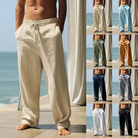 Men Linen Casual Pants Drawstring Elastic Waist Breathable Lightweight Summer Beach Vacation Straight Wide Leg Solid Color