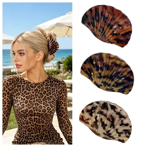 Women Vintage Leopard Print Shell Shape Hair Claw Clip Plastic Printed Large Shark Clip For Vacation Daily Styling Accessories