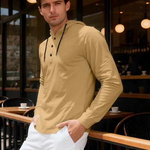 Men Long Sleeve Hooded Henley Shirt Casual Slim Fit Drawstring Pullover Solid Color Polyester Spandex Hoodie