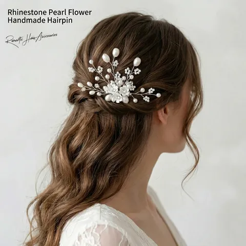 Forcina per Capelli da Sposa Floreale Fatta a Mano Con Perla Artificiale Strass Bastoncino per Capelli Matrimonio Donna Gioielli