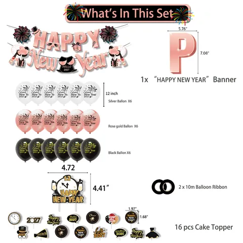 Happy New Year 2026 Party Decoration Banner Latex Balloons Cake Toppers Rose Gold Black White Festive Celebration Eve