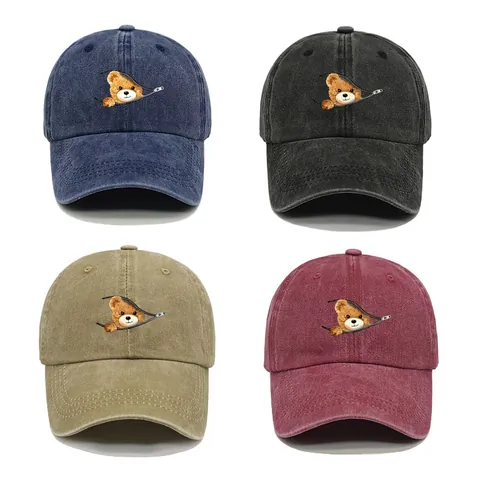 Berretto Da Baseball In Cotone Lavato Motivo Orso Cerniera Creativo Retro Regolabile Cappello Da Sole Uomo Donna Elegante