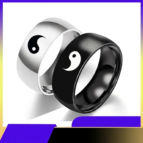 Tai Chi Yin Yang Symbol Ring Stainless Steel Band Vintage Polished Black Silver Jewelry For Couples Men Women
