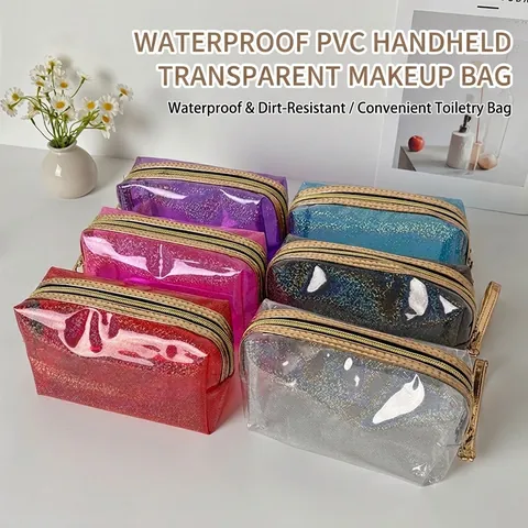 Transparent PVC Laser Glitter Makeup Bag Waterproof Toiletry Pouch With Gold Zipper And Wrist Strap Travel Cosmetic Case