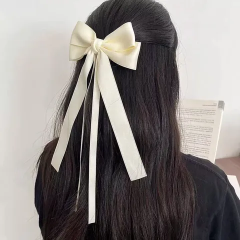 French Vintage Large Bow Hair Clip With Long Ribbons Elegant Satin Texture Fabric Handmade Hairpin For Women Girls