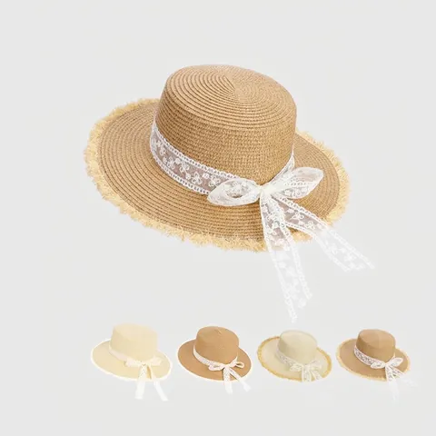 Women Elegant French Straw Boater Hat With Lace Bowknot Large Brim Frayed Edge Summer Beach Vacation Sun Protection